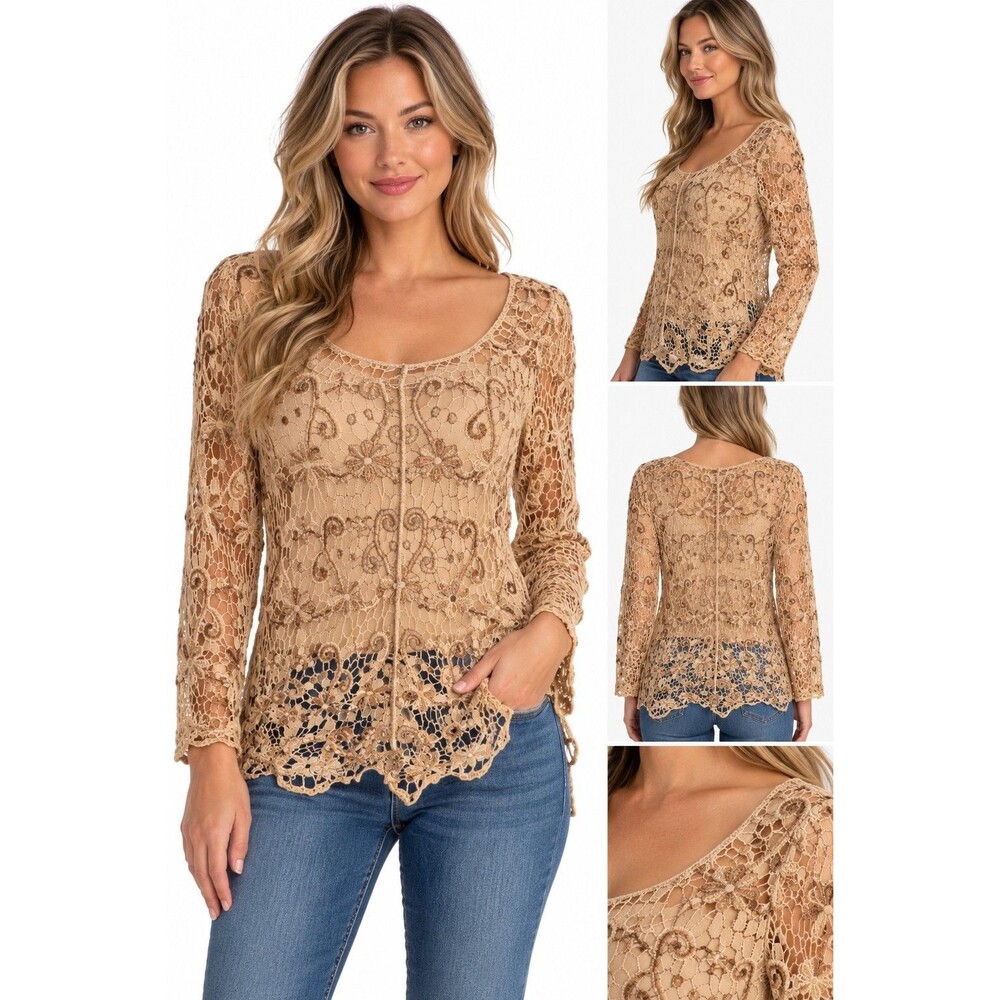 RoZ & ALI Women’s Large Tan Crochet Lace Floral Long Sleeve Boho Blouse Top